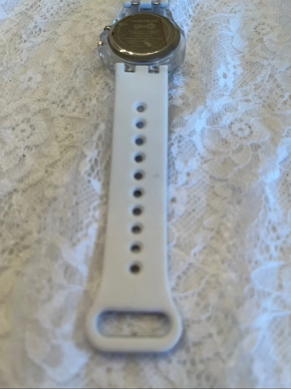 GLO Clear Case Watch with White and blue shark Strap and Silver Back